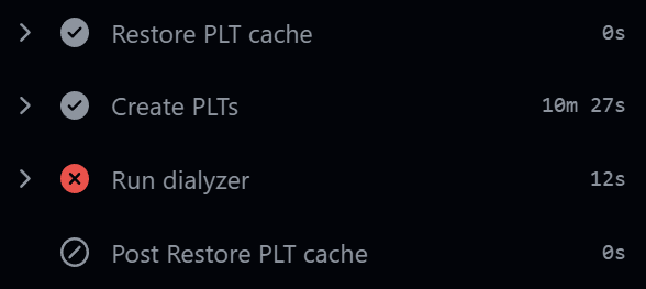 The Run dialyzer step failed, and the PLTs aren&rsquo;t saved to the cache.